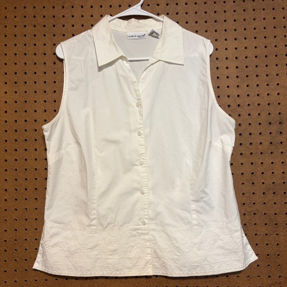 Croft & Barrow Sleeveless Shirt XL White Embroidered Cotton Blouse 90s Coastal